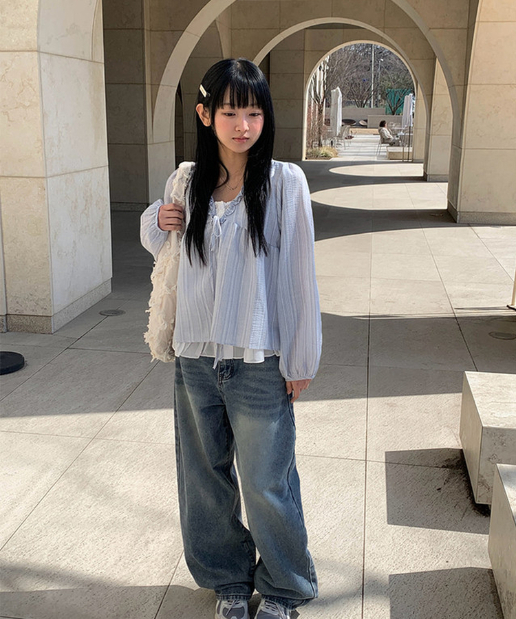 ストライプフリルレイヤードブラウス SKY BLUE