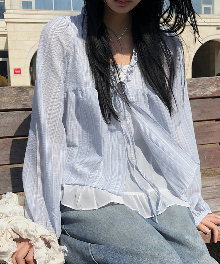 ストライプフリルレイヤードブラウス SKY BLUE