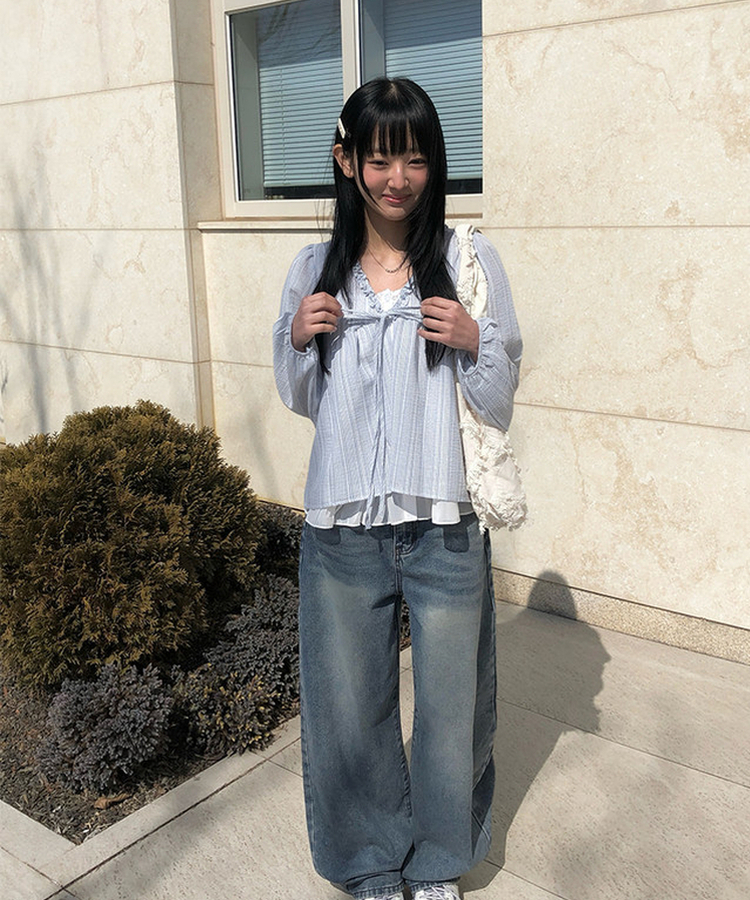 ストライプフリルレイヤードブラウス SKY BLUE