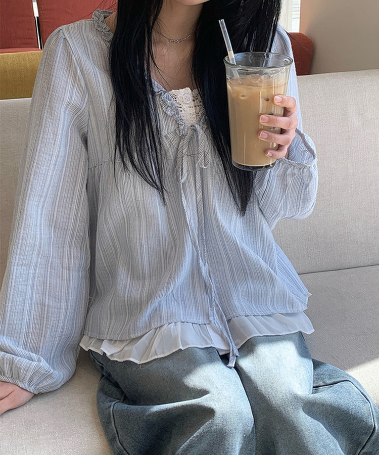 ストライプフリルレイヤードブラウス SKY BLUE