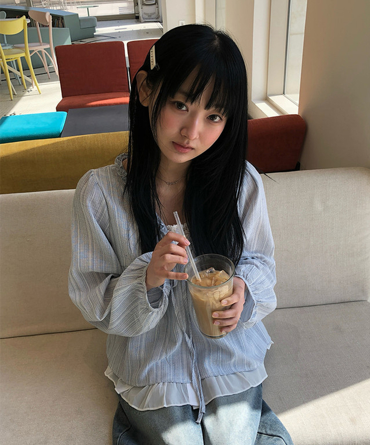 ストライプフリルレイヤードブラウス SKY BLUE