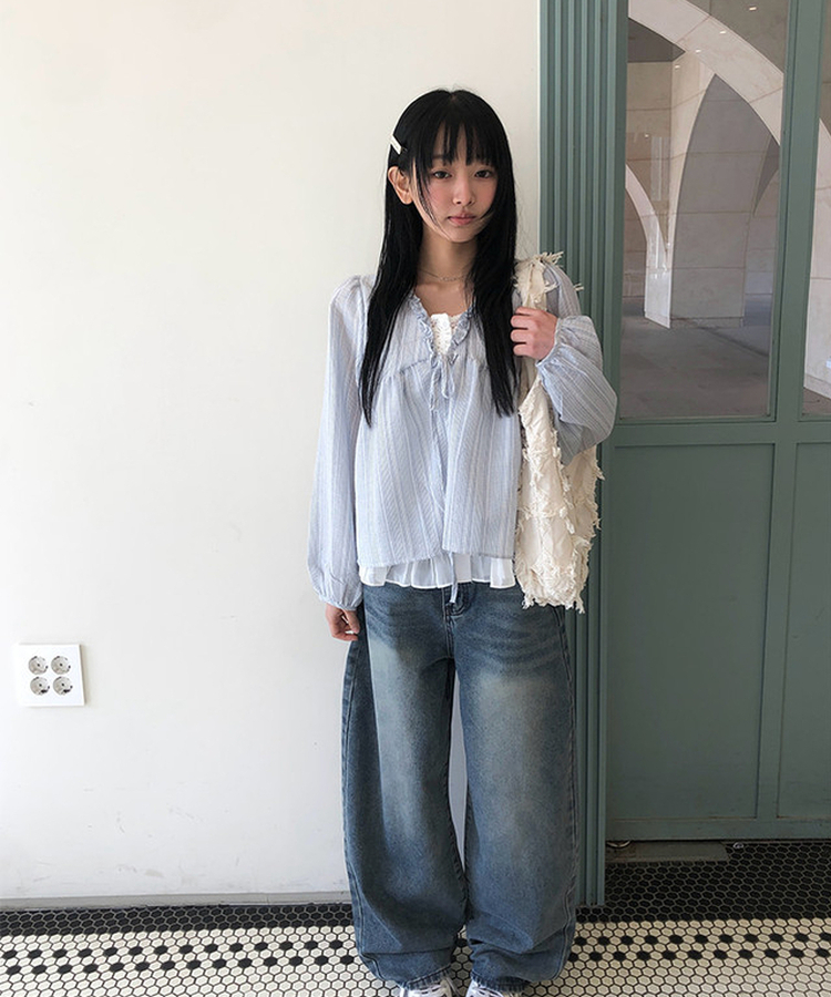 ストライプフリルレイヤードブラウス SKY BLUE