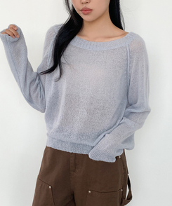 シンプルボートネックニット(7color) SOFT BLUE