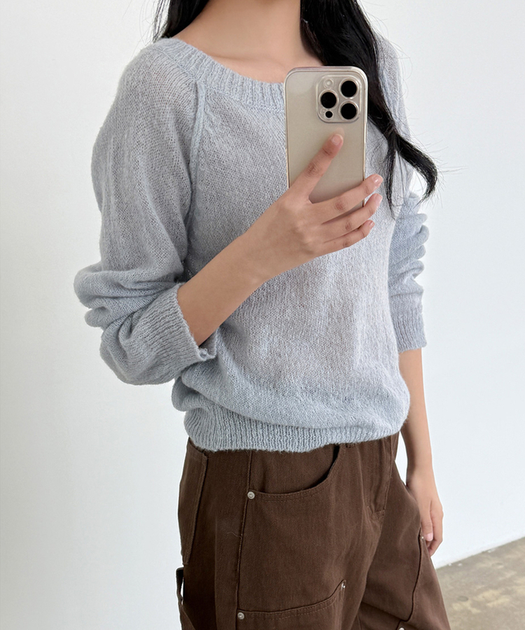 シンプルボートネックニット(7color) SOFT BLUE