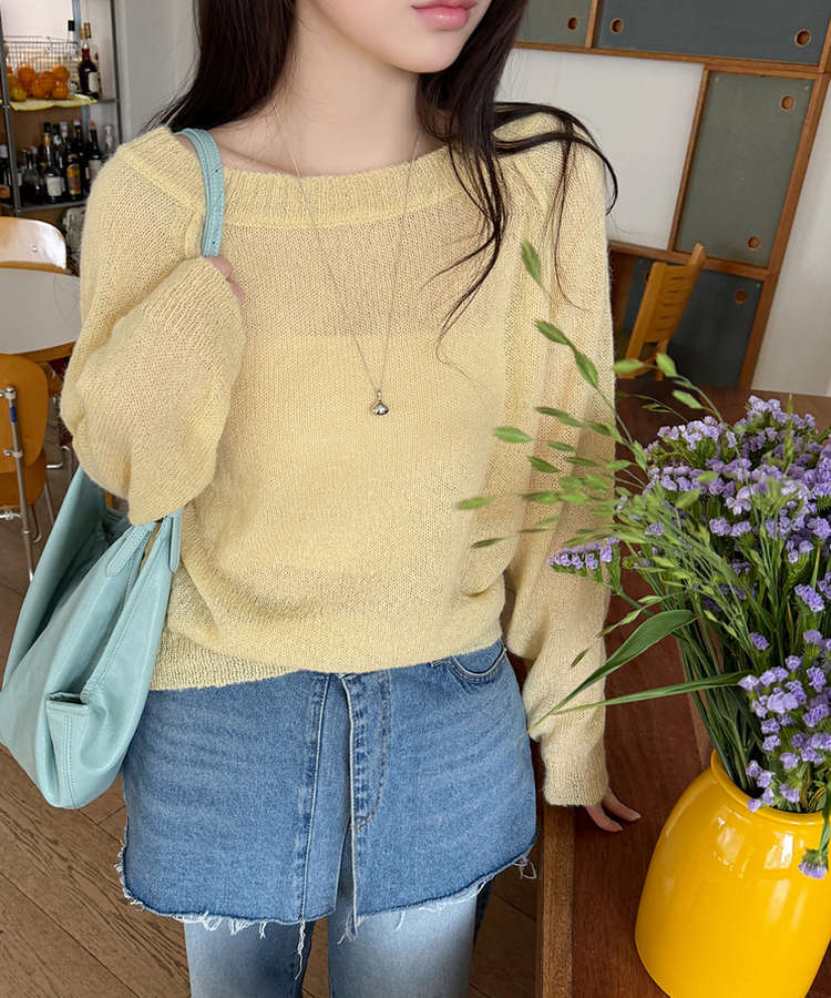 シンプルボートネックニット(7color) YELLOW