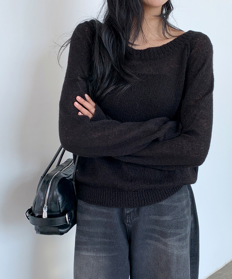 シンプルボートネックニット(7color) BLACK