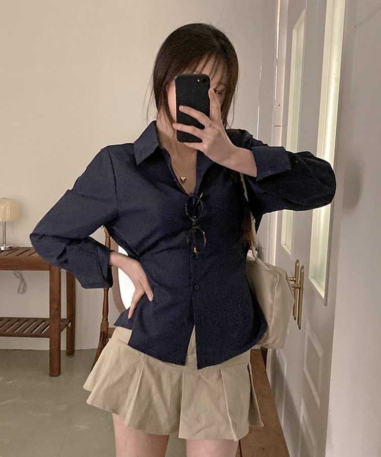 아연 사이드 스냅 허리잘록 여리핏 셔츠 네이비