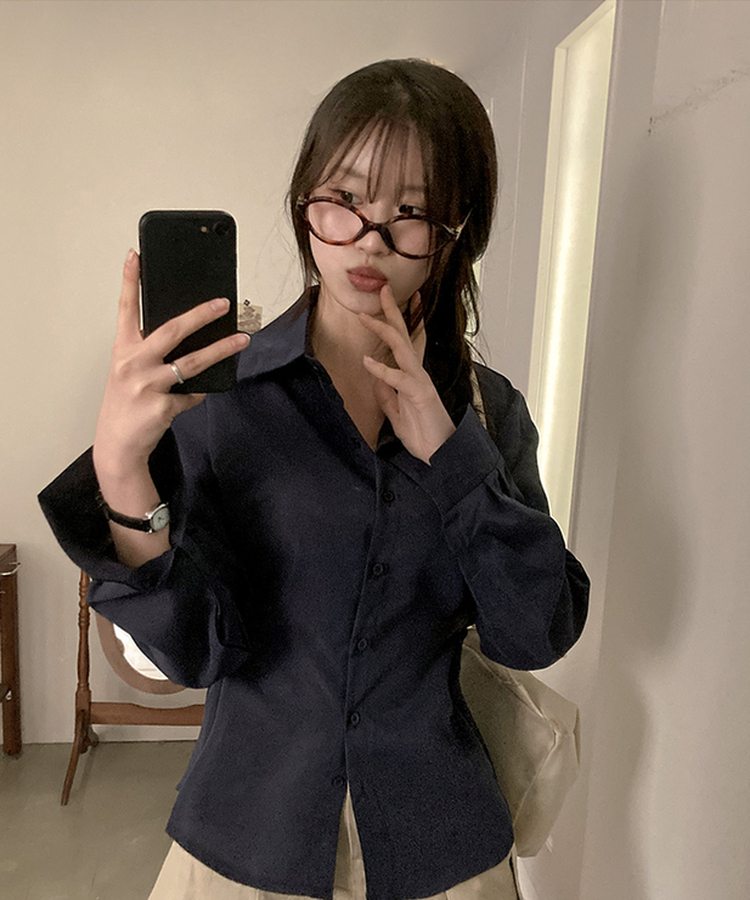 아연 사이드 스냅 허리잘록 여리핏 셔츠 네이비