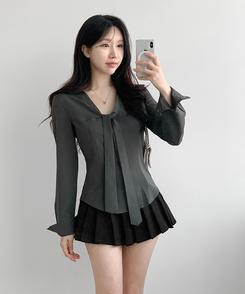 リボンタイスリムボタンブラウス GRAY