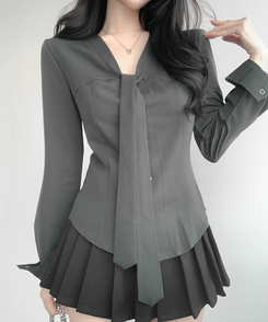 リボンタイスリムボタンブラウス GRAY