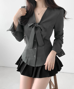 リボンタイスリムボタンブラウス GRAY