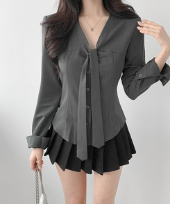 リボンタイスリムボタンブラウス GRAY