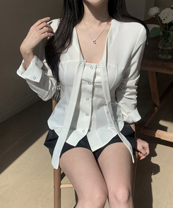 リボンタイスリムボタンブラウス IVORY