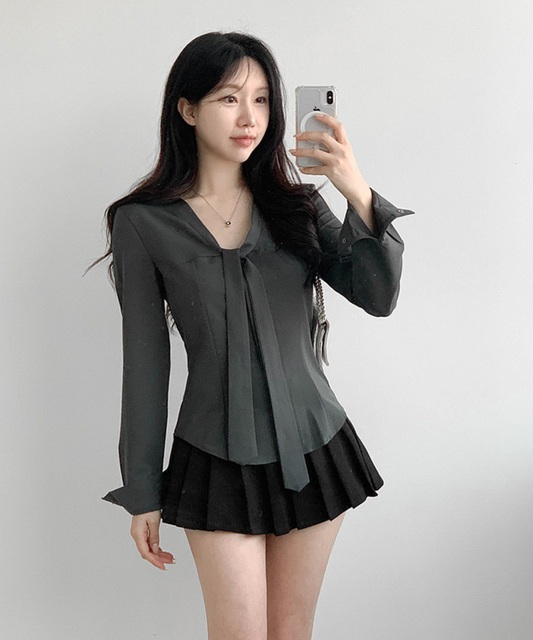 リボンタイスリムボタンブラウス GRAY