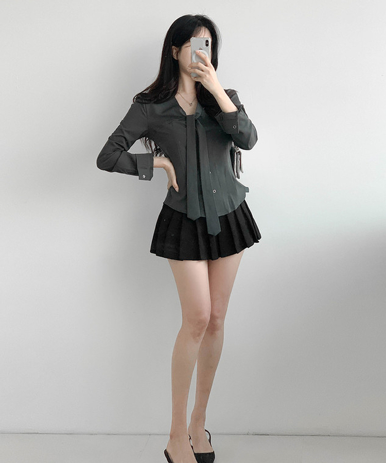 リボンタイスリムボタンブラウス GRAY