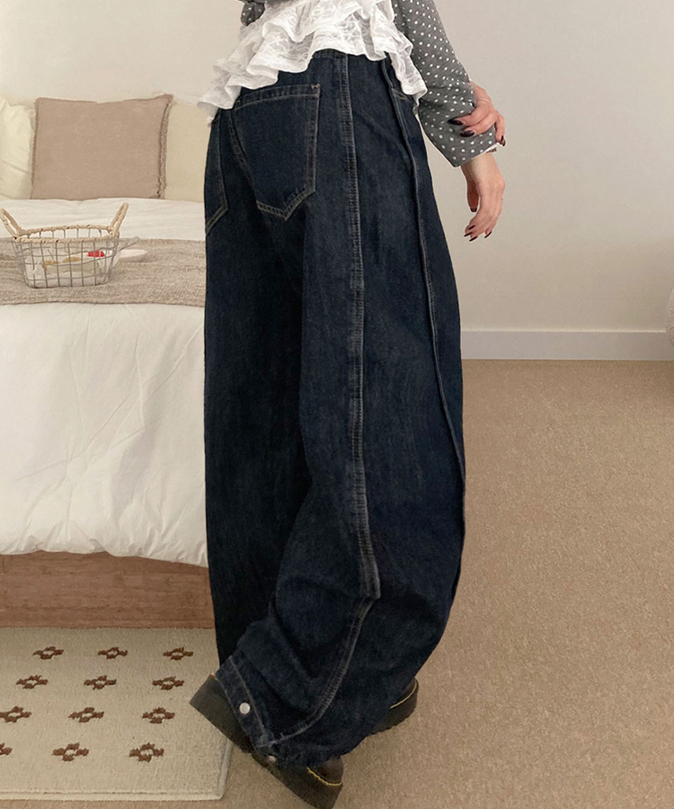 단독특가 레든 버튼비죠 사이드절개 와이드 데님 롱 와이드 팬츠 그레이시진청