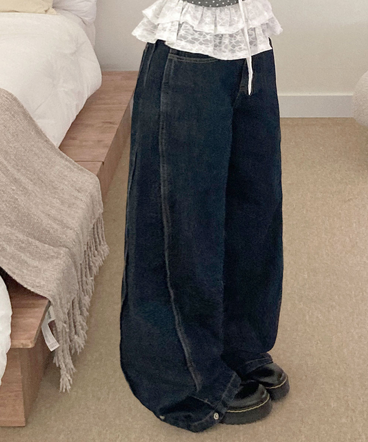 단독특가 레든 버튼비죠 사이드절개 와이드 데님 롱 와이드 팬츠 그레이시진청