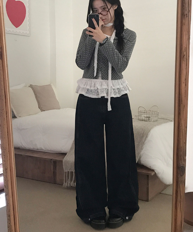 단독특가 레든 버튼비죠 사이드절개 와이드 데님 롱 와이드 팬츠 블랙