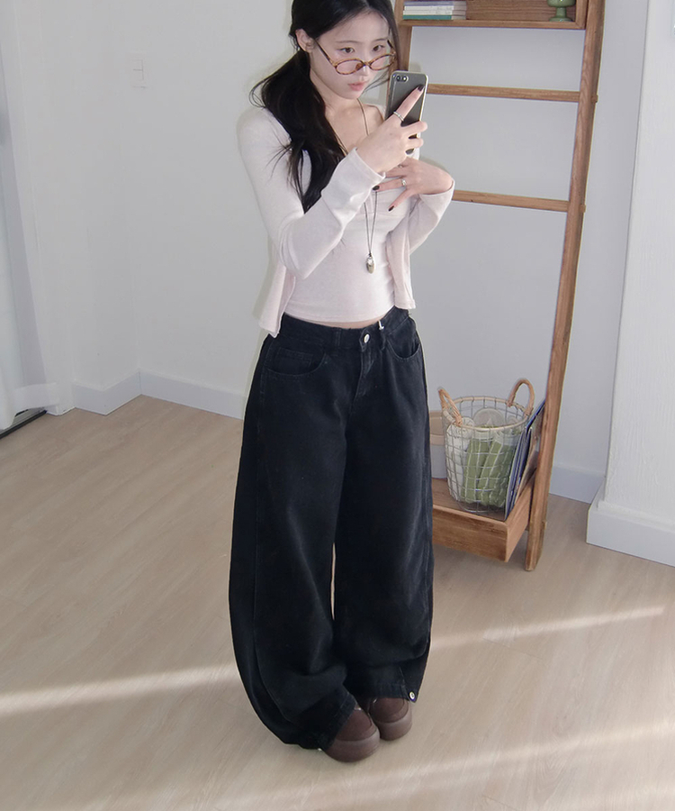 단독특가 레든 버튼비죠 사이드절개 와이드 데님 롱 와이드 팬츠 블랙