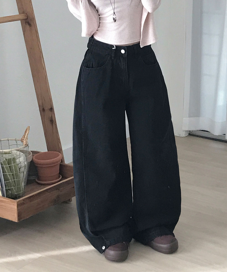 단독특가 레든 버튼비죠 사이드절개 와이드 데님 롱 와이드 팬츠 블랙