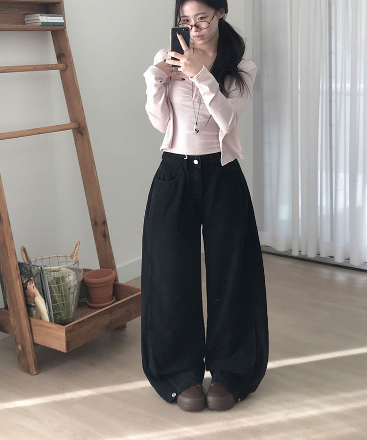 단독특가 레든 버튼비죠 사이드절개 와이드 데님 롱 와이드 팬츠 블랙