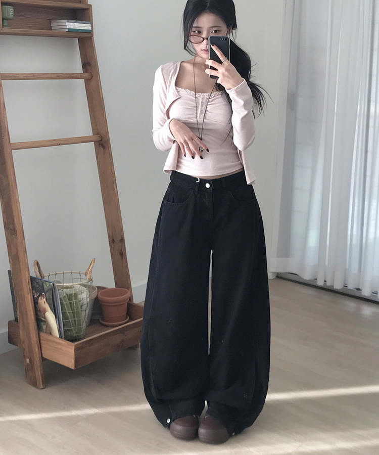 단독특가 레든 버튼비죠 사이드절개 와이드 데님 롱 와이드 팬츠 블랙