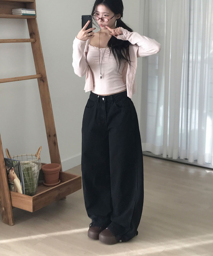 단독특가 레든 버튼비죠 사이드절개 와이드 데님 롱 와이드 팬츠 블랙