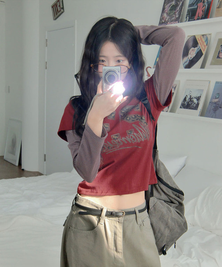 일체형 다일 호피 넘버 나염 레이어드 단가라 긴팔 티셔츠 와인