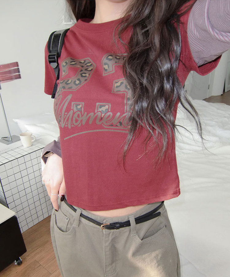 일체형 다일 호피 넘버 나염 레이어드 단가라 긴팔 티셔츠 와인