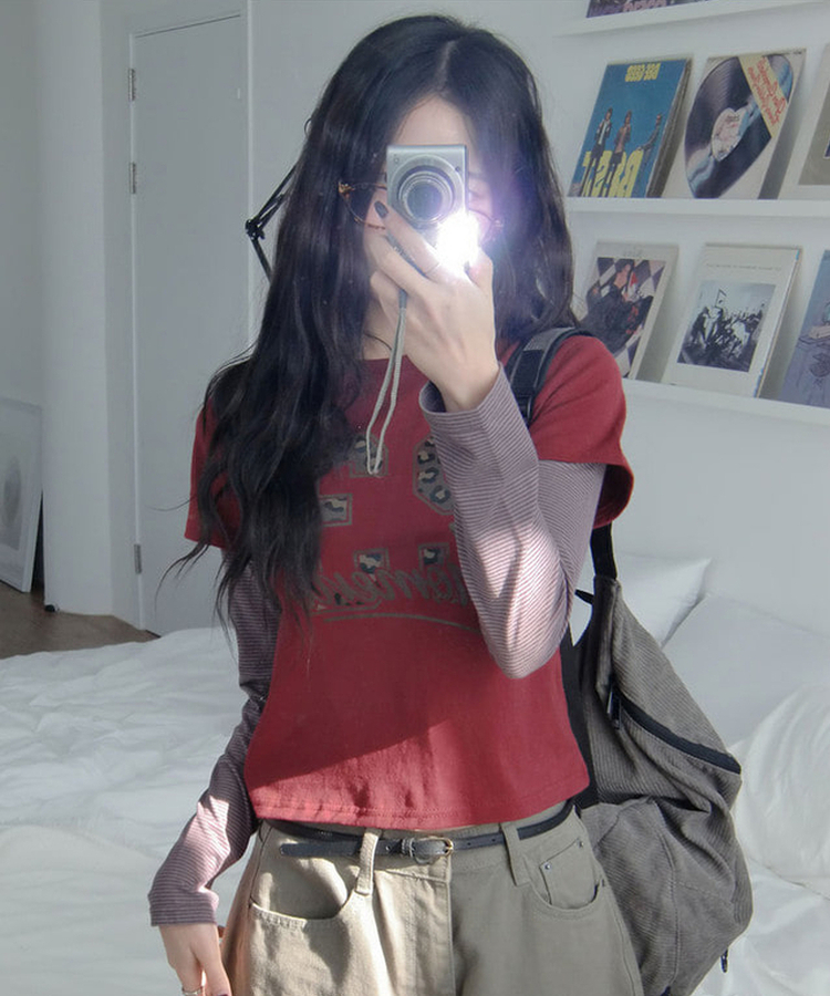 일체형 다일 호피 넘버 나염 레이어드 단가라 긴팔 티셔츠 와인