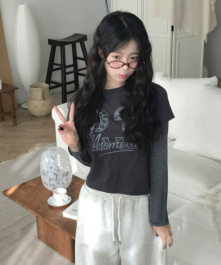 일체형 다일 호피 넘버 나염 레이어드 단가라 긴팔 티셔츠 검정