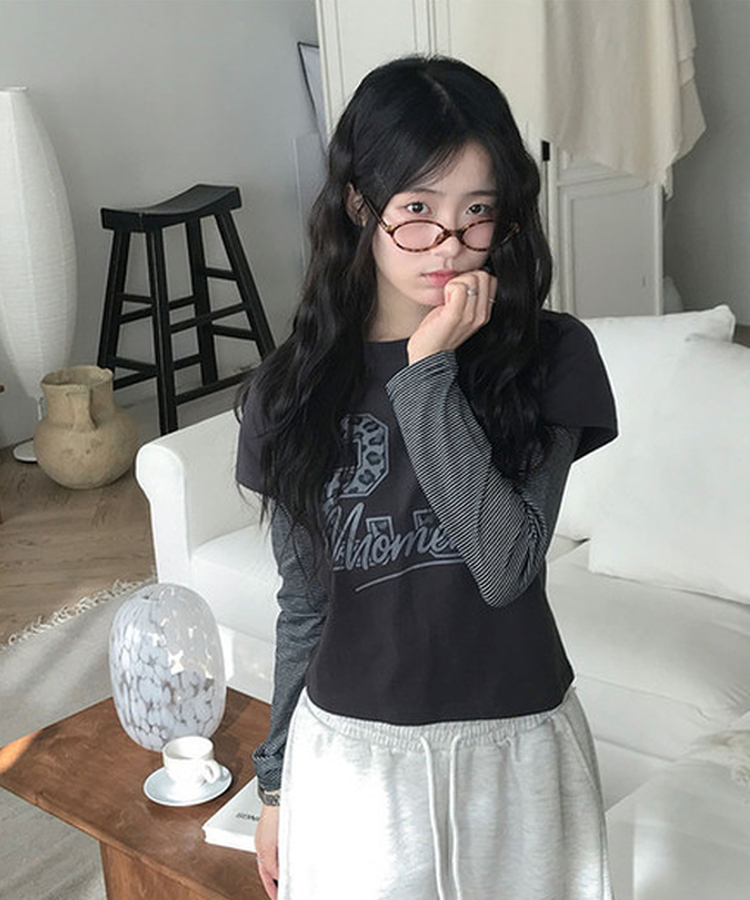 일체형 다일 호피 넘버 나염 레이어드 단가라 긴팔 티셔츠 검정