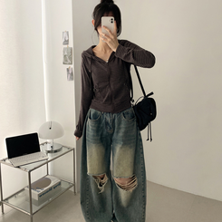 クロップドボーダージップアップ BROWN