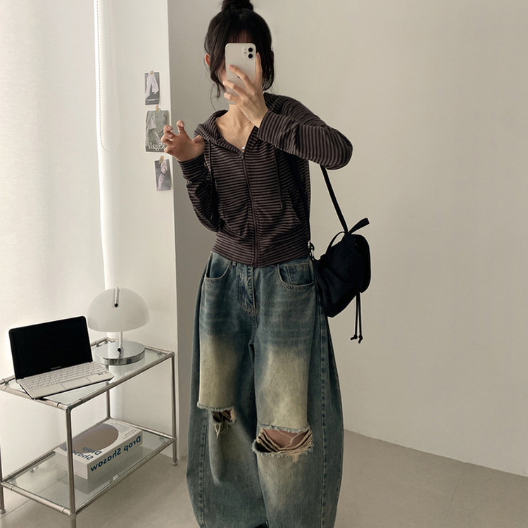 クロップドボーダージップアップ BROWN