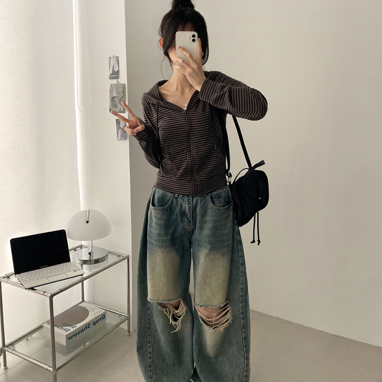 クロップドボーダージップアップ BROWN