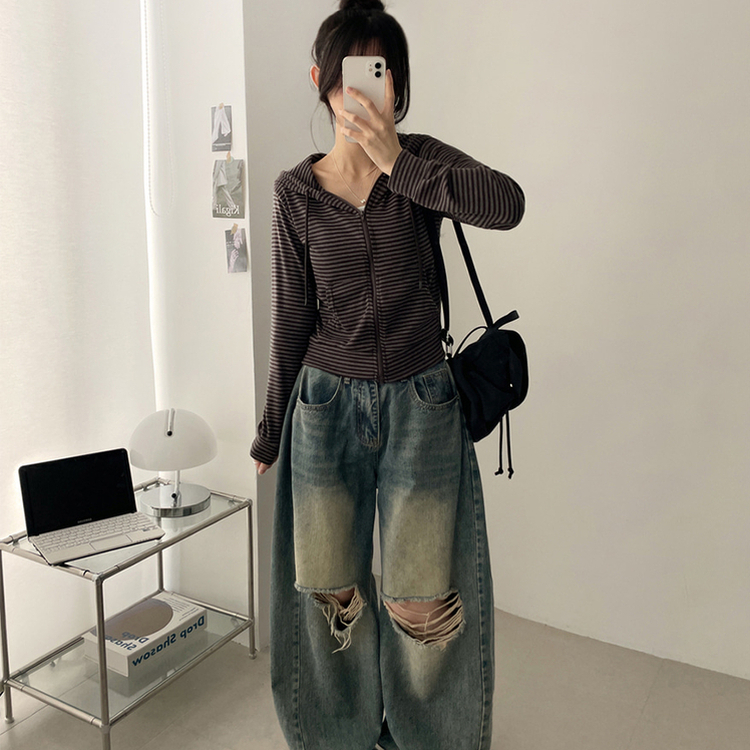 クロップドボーダージップアップ BROWN