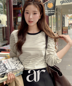 (MADE／コットン30番手／ポイントカラーティー)   Petite Note No.25 配色ストライプ 長袖Tシャツ   BLACK