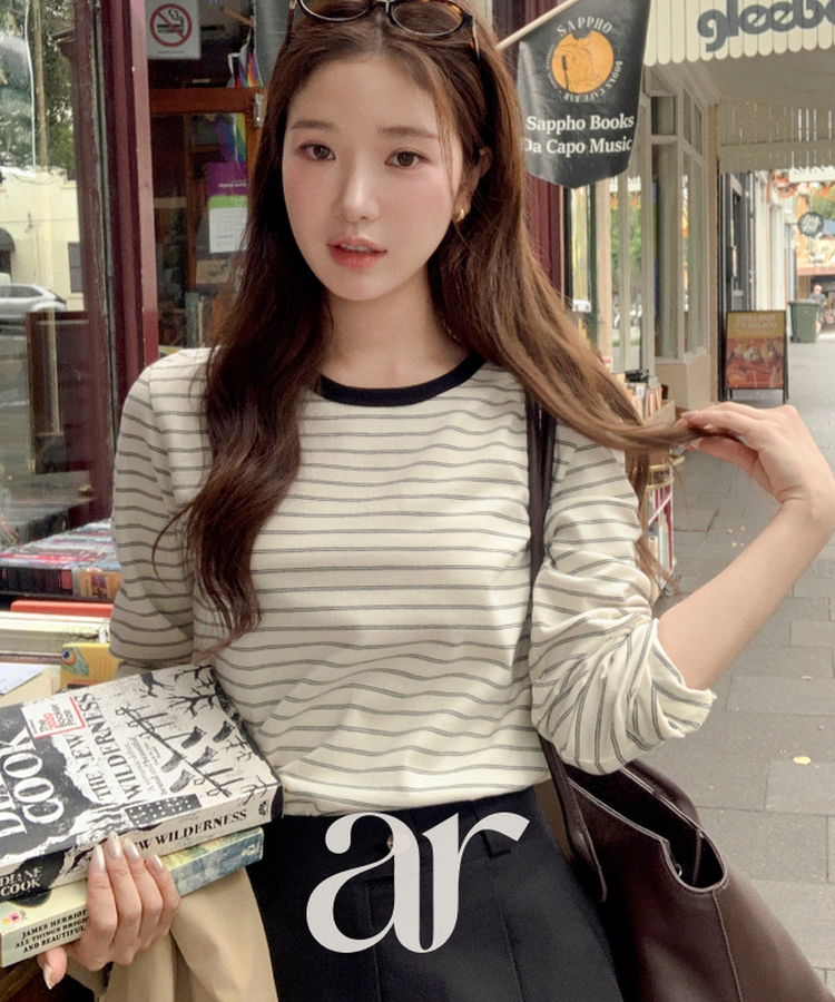 (MADE／コットン30番手／ポイントカラーティー)   Petite Note No.25 配色ストライプ 長袖Tシャツ   BLACK