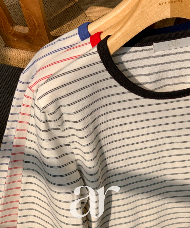 (MADE／コットン30番手／ポイントカラーティー)   Petite Note No.25 配色ストライプ 長袖Tシャツ