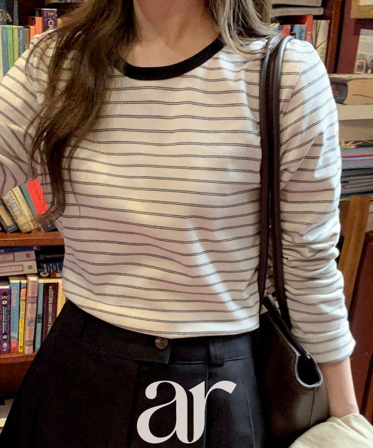 (MADE／コットン30番手／ポイントカラーティー)   Petite Note No.25 配色ストライプ 長袖Tシャツ   BLACK