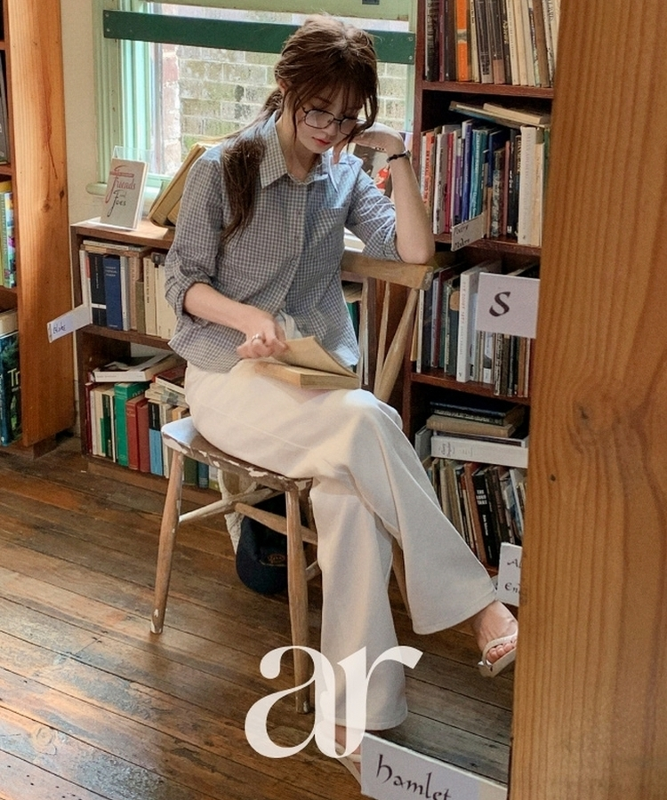 （袖ロールアップタブ／夏までずっと着用OK！／ヴィンテージムードたっぷり♥）ミニチェック タブ付き ロールアップ カラーシャツ BLUE