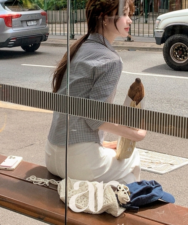 （袖ロールアップタブ／夏までずっと着用OK！／ヴィンテージムードたっぷり♥）ミニチェック タブ付き ロールアップ カラーシャツ BLUE