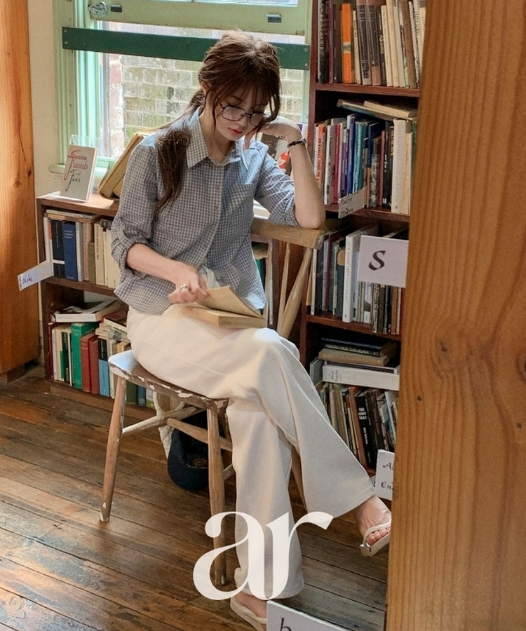 （袖ロールアップタブ／夏までずっと着用OK！／ヴィンテージムードたっぷり♥）ミニチェック タブ付き ロールアップ カラーシャツ BLUE