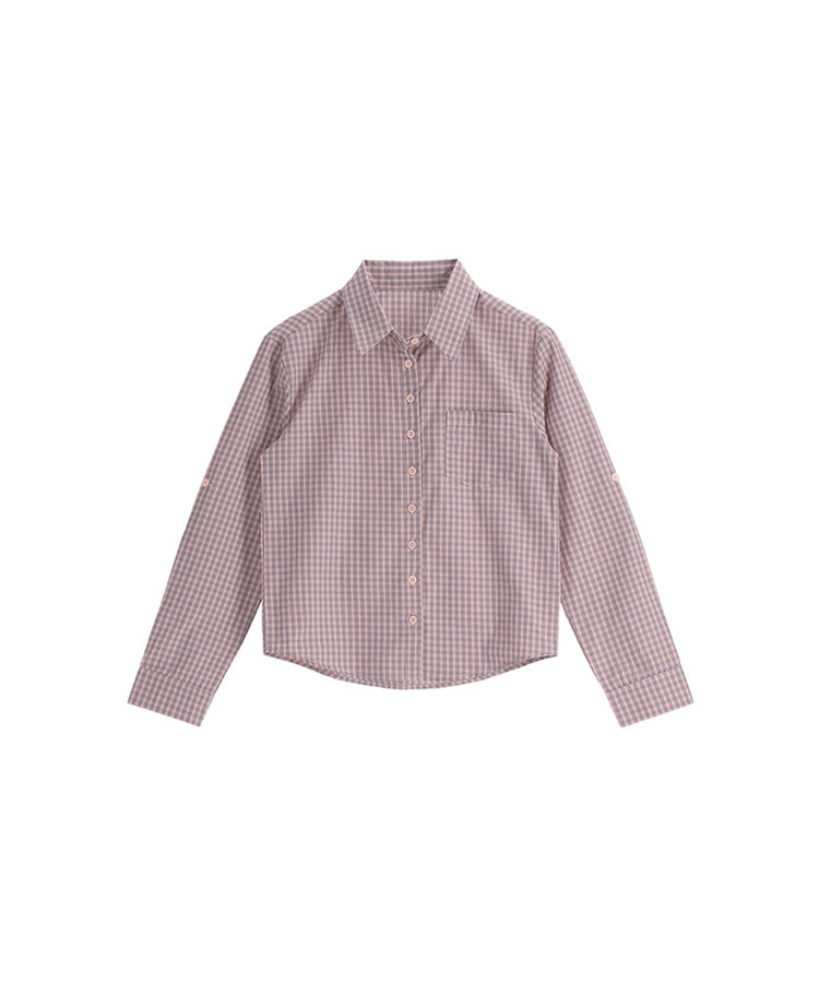 （袖ロールアップタブ／夏までずっと着用OK！／ヴィンテージムードたっぷり♥）ミニチェック タブ付き ロールアップ カラーシャツ