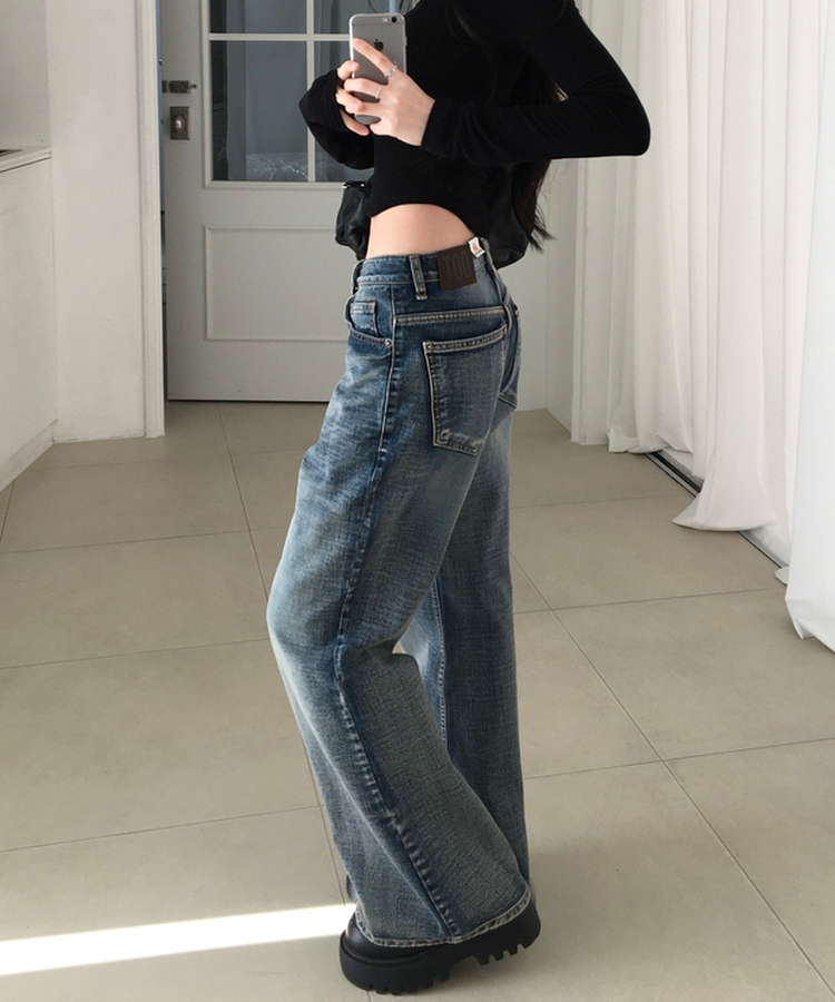 ウォッシュドローハイウエストデニム DEEP FADING BLUE