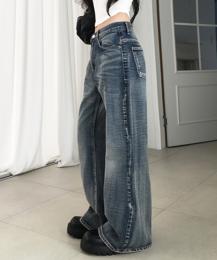 ウォッシュドローハイウエストデニム DEEP FADING BLUE