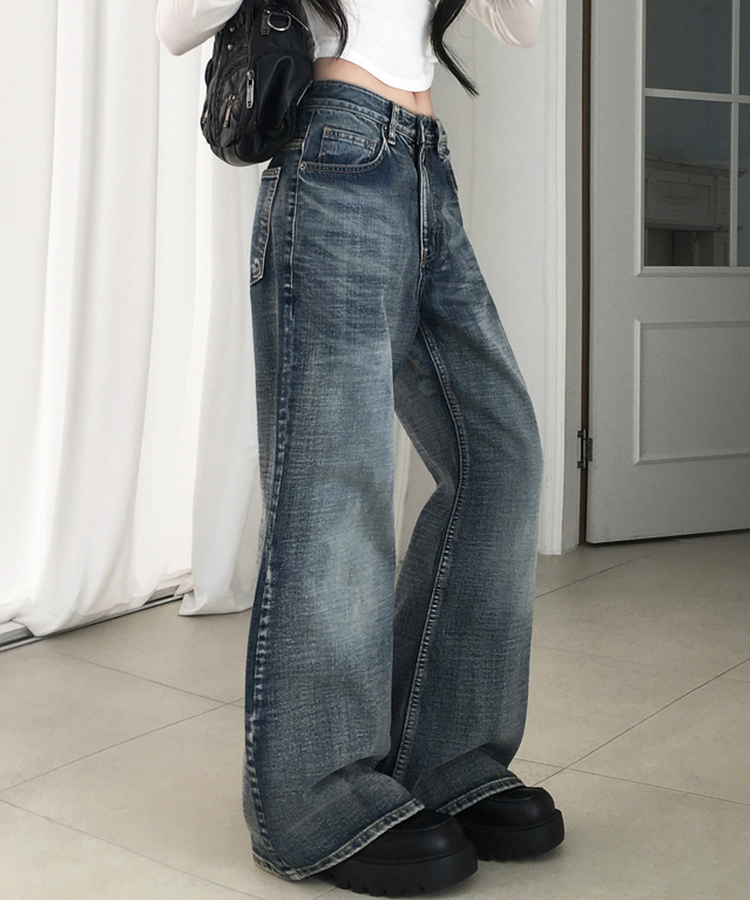 ウォッシュドローハイウエストデニム DEEP FADING BLUE