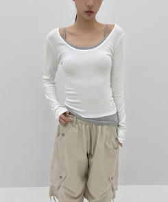 Uネックレイヤード長袖Tシャツ IVORY
