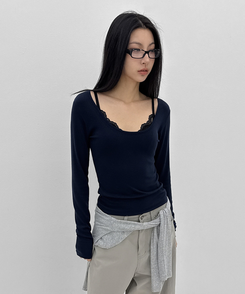 Uネックレイヤード長袖Tシャツ NAVY