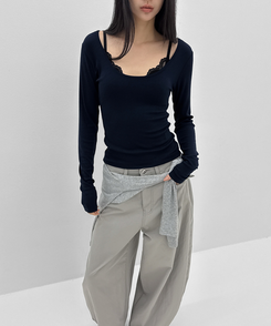 Uネックレイヤード長袖Tシャツ NAVY